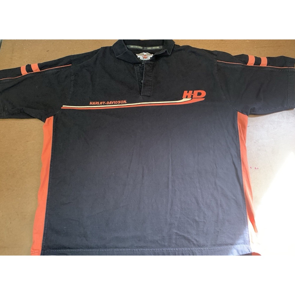 Mens 2XL HARLEY DAVIDSON Black Orange Cotton Polo Collared Shirt Mechanic Style